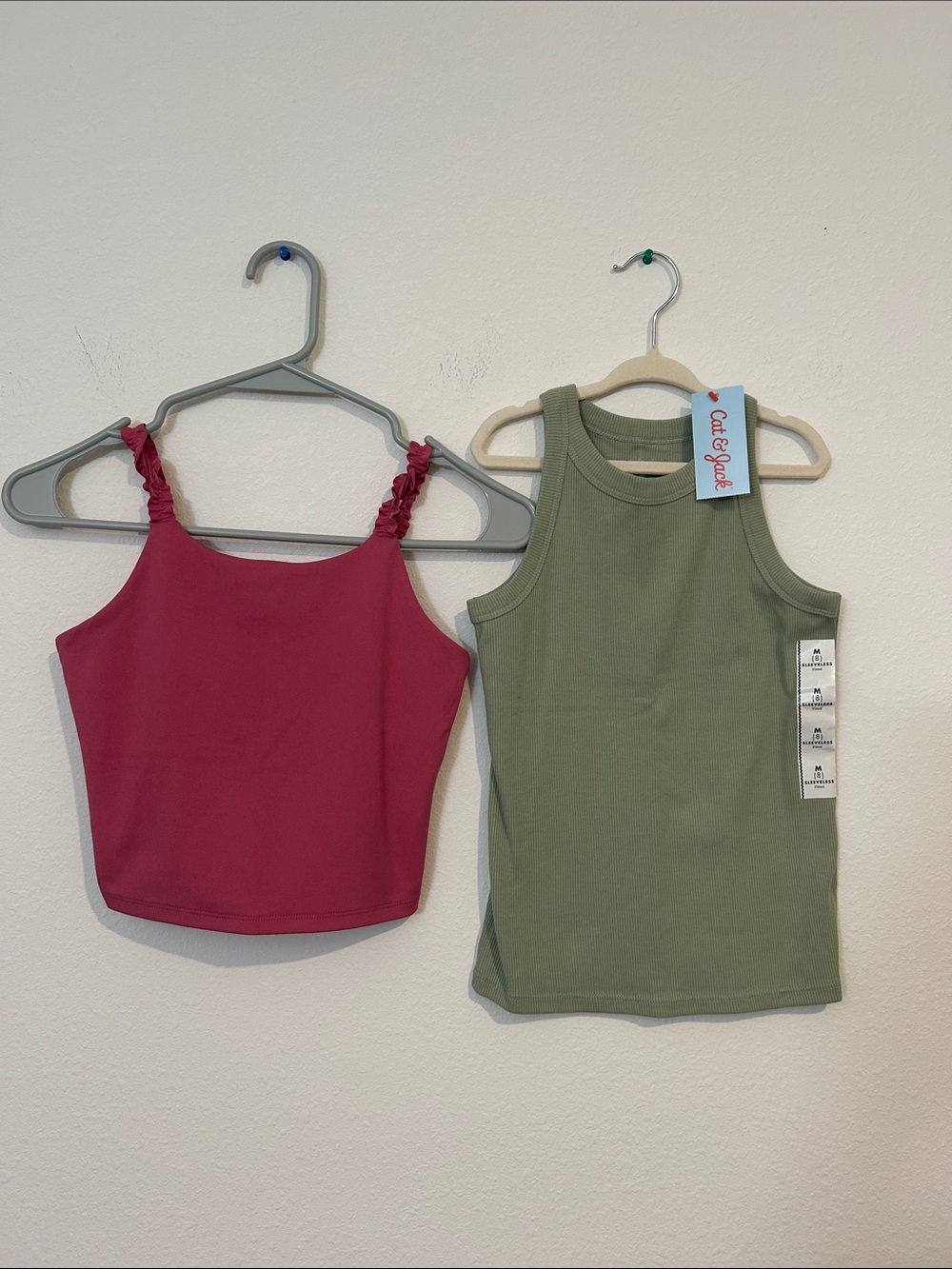 Magenta Ruffle-Strap Crop Tank & Olive Green Ribbed High-Neck Tank